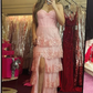 Pink Spaghetti Straps Tiered Long Prom Dress with Slit, DP2600