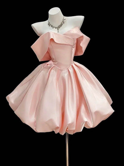 Elegant Pink Off-the-Shoulder Ruffle Satin Mini A-Line Homecoming Dress DP8726