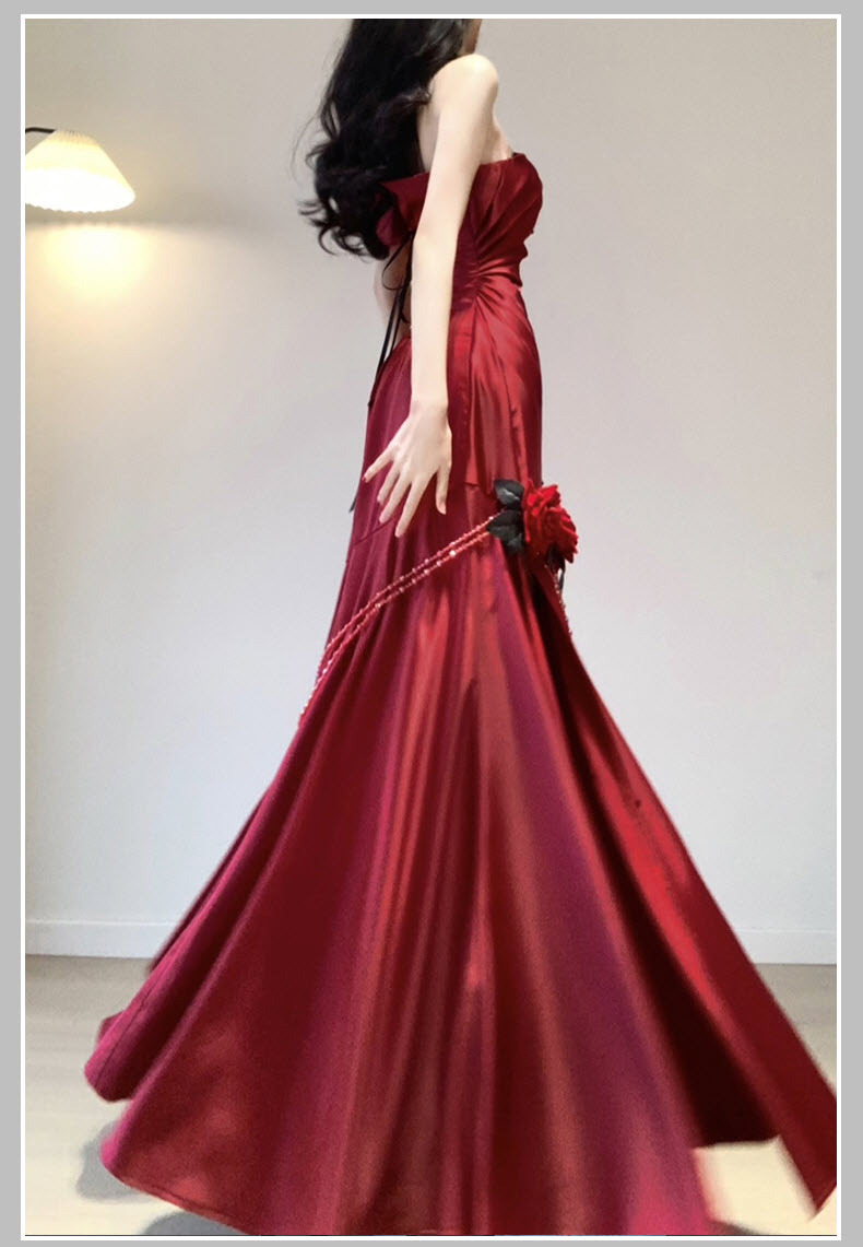 Wine Red Rose One Shoulder Mermaid Long Party Dress Birthday Dress, DP DSProm Wine Red Rose One Shoulder Mermaid Long Party Dress Birthday Dress, DP DSProm