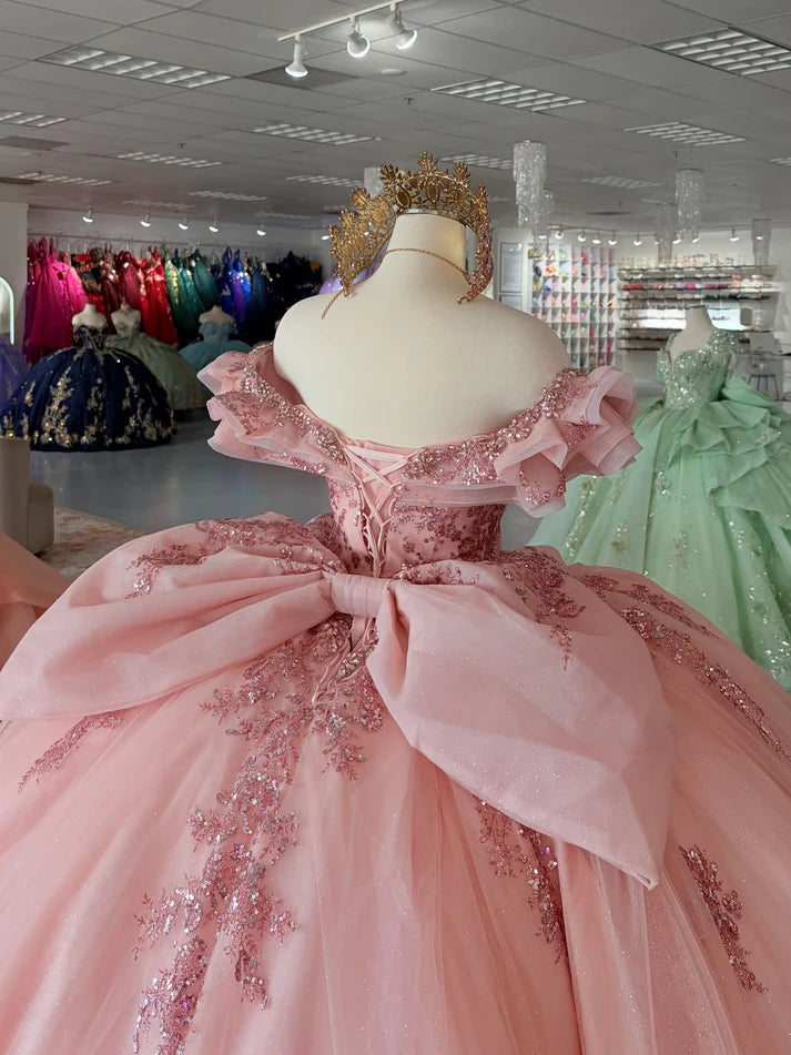 Glamorous Pink Tulle Beaded Appliqued Off-Shoulder Sweetheart Quinceanera Sweet 15 Ball Gown DP7184