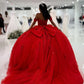 Robe de bal chic rouge à épaules dénudées, ornée d'appliqués de perles et d'un décolleté en cœur, idéale pour une quinceañera ou un Sweet 15 (DP7181)