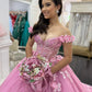 Chic Pink Tulle Appliqued Off-Shoulder Sweetheart Quinceanera Sweet 15 Ball Gown DP7188