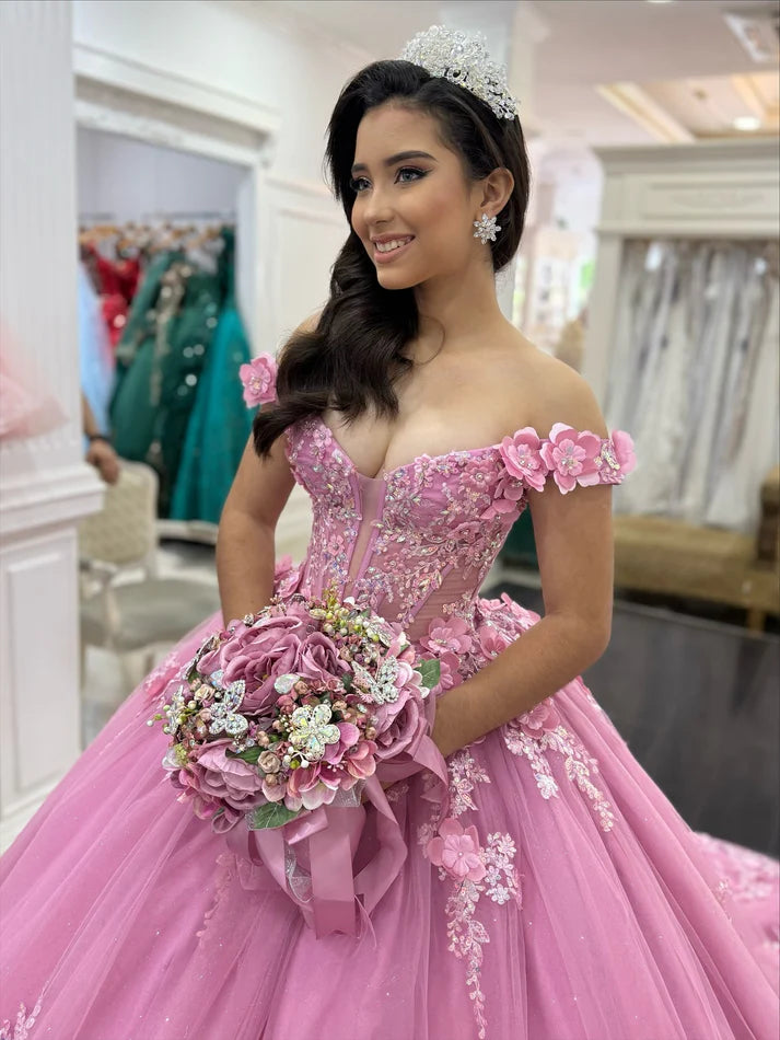 Chic Pink Tulle Appliqued Off-Shoulder Sweetheart Quinceanera Sweet 15 Ball Gown DP7188