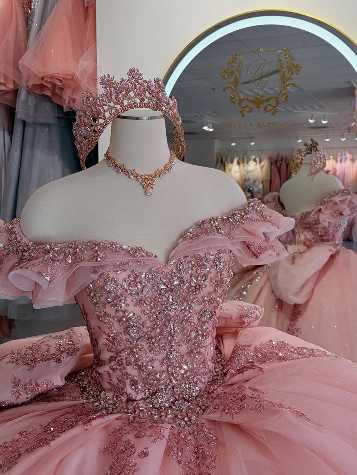 Glamorous Pink Tulle Beaded Appliqued Off-Shoulder Sweetheart Quinceanera Sweet 15 Ball Gown DP7184