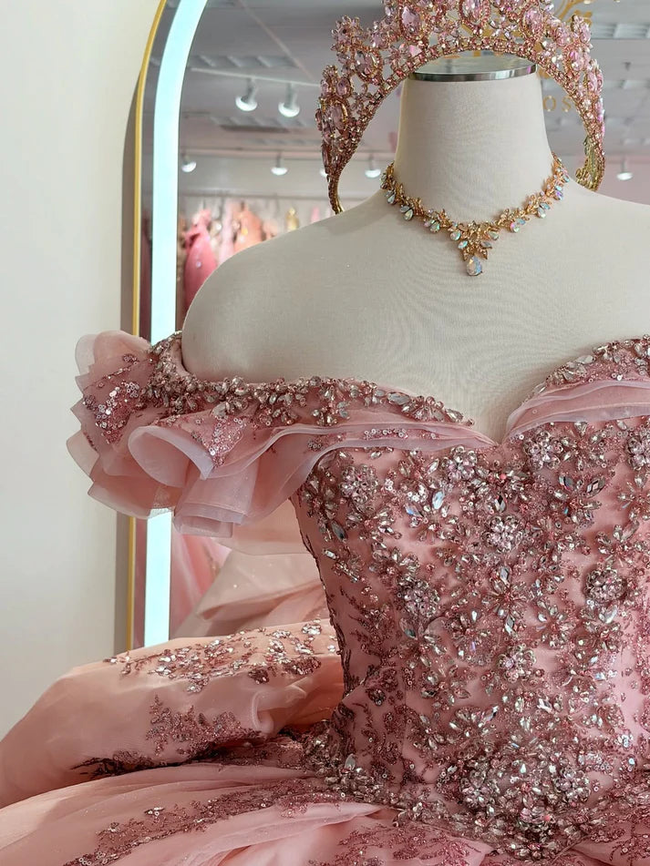 Glamorous Pink Tulle Beaded Appliqued Off-Shoulder Sweetheart Quinceanera Sweet 15 Ball Gown DP7184