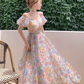 New Elegant Floral Design Puff Sleeves Princess Style Spaghetti Strap Dress, DP5950