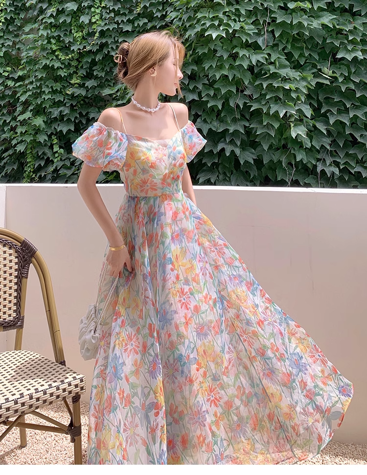 New Elegant Floral Design Puff Sleeves Princess Style Spaghetti Strap Dress, DP5950