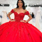 Robe de bal chic rouge à épaules dénudées, ornée d'appliqués de perles et d'un décolleté en cœur, idéale pour une quinceañera ou un Sweet 15 (DP7181)