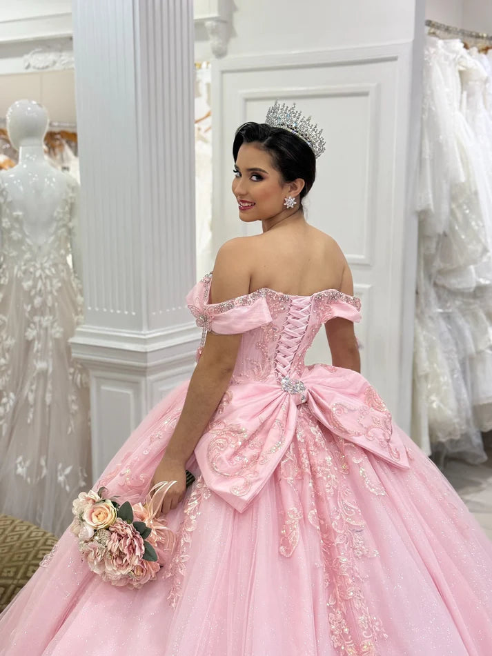 Glamorous Pink Tulle Beaded Appliqued Off-Shoulder Sweetheart Quinceanera Sweet 15 Ball Gown DP7186