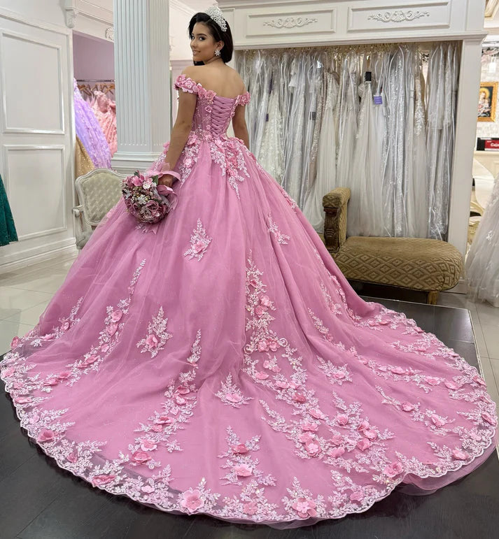 Chic Pink Tulle Appliqued Off-Shoulder Sweetheart Quinceanera Sweet 15 Ball Gown DP7188
