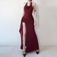 Retro Burgund/Schwarz Neckholder 3D Blume Etuikleid Hoher Schlitz Lange Sommerkleider Ballkleid Abendkleid DP6397