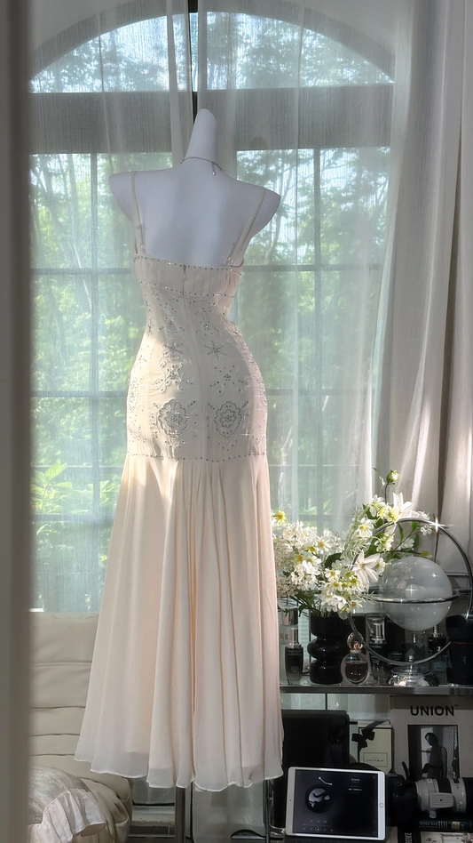 Vintage Glitzernde Pailletten Elfenbein Meerjungfrau Ballkleid Abendkleid DP6357