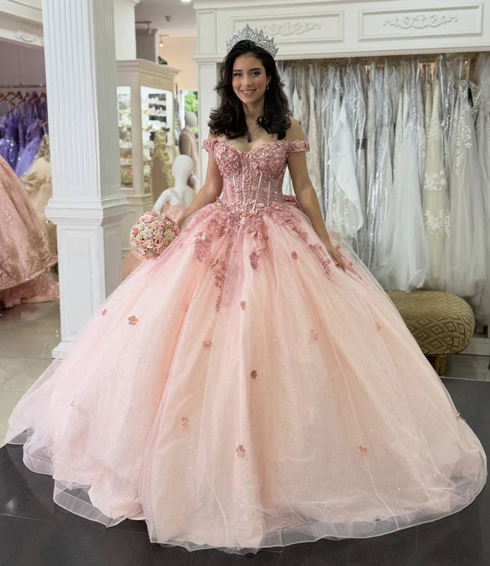 Glamorous Pink Tulle Appliqued Off-Shoulder Sweetheart Quinceanera Sweet 15 Ball Gown DP7187