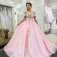 Glamorous Pink Tulle Beaded Appliqued Off-Shoulder Sweetheart Quinceanera Sweet 15 Ball Gown DP7186