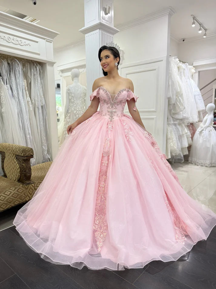 Glamorous Pink Tulle Beaded Appliqued Off-Shoulder Sweetheart Quinceanera Sweet 15 Ball Gown DP7186