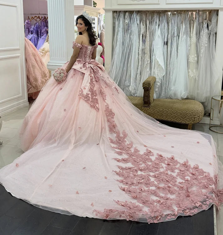 Glamorous Pink Tulle Appliqued Off-Shoulder Sweetheart Quinceanera Sweet 15 Ball Gown DP7187