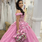 Chic Pink Tulle Appliqued Off-Shoulder Sweetheart Quinceanera Sweet 15 Ball Gown DP7188