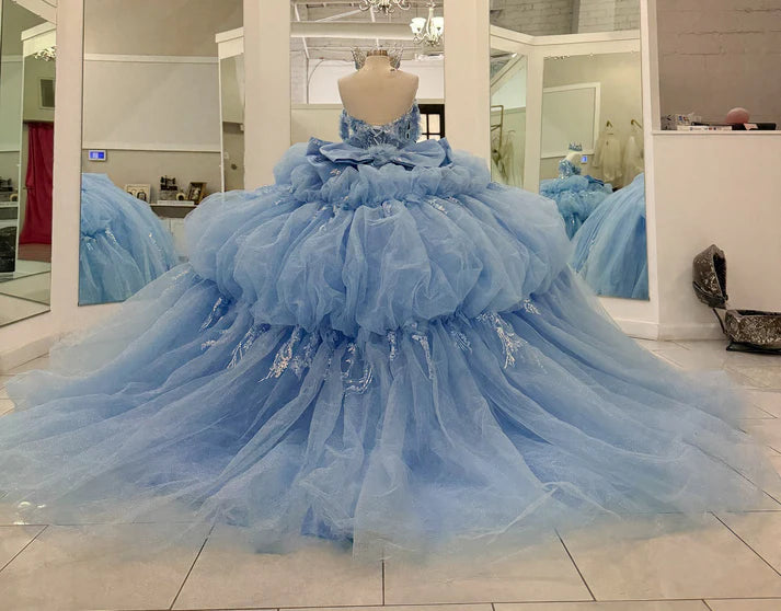 Glamorous Sky Blue Off-Shoulder Beaded Applique Sweetheart Quinceanera Sweet 15 Ball Gown DP7182