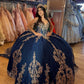 Chic Navy Blue Beaded Embroidery V-Neck Quinceanera Sweet 15 Ball Gown DP7189