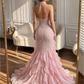 Glamorous Pink Mermaid Evening Gown Lace Appliques Ruffled Halter Neck Prom Dress DP8413