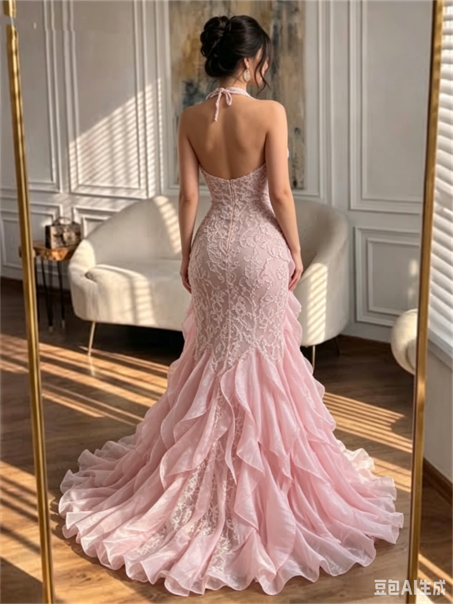Glamorous Pink Mermaid Evening Gown Lace Appliques Ruffled Halter Neck Prom Dress DP8413