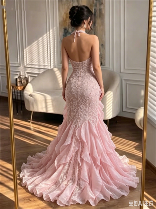 Glamorous Pink Mermaid Evening Gown Lace Appliques Ruffled Halter Neck Prom Dress DP8413
