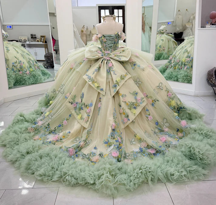 Glamorous 3D Floral & Butterfly Applique Off-Shoulder Sweetheart Quinceanera Sweet 15 Ball Gown DP7183