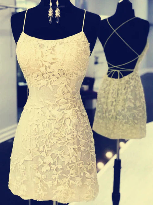 Vintage Gelb Blumenapplikation Spaghettiträger Kurzes Etuikleid Partykleid Cocktailkleid Homecomingkleid DP6485