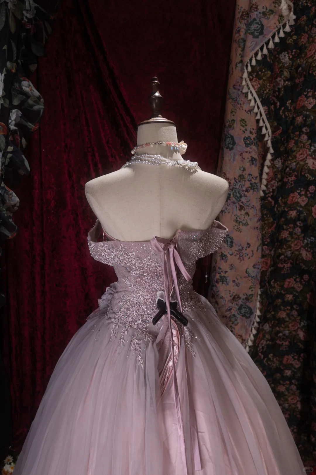 Pink Off-the-Shoulder Beaded Tulle Prom Dress Floral Quinceanera Ball Gown DP8349