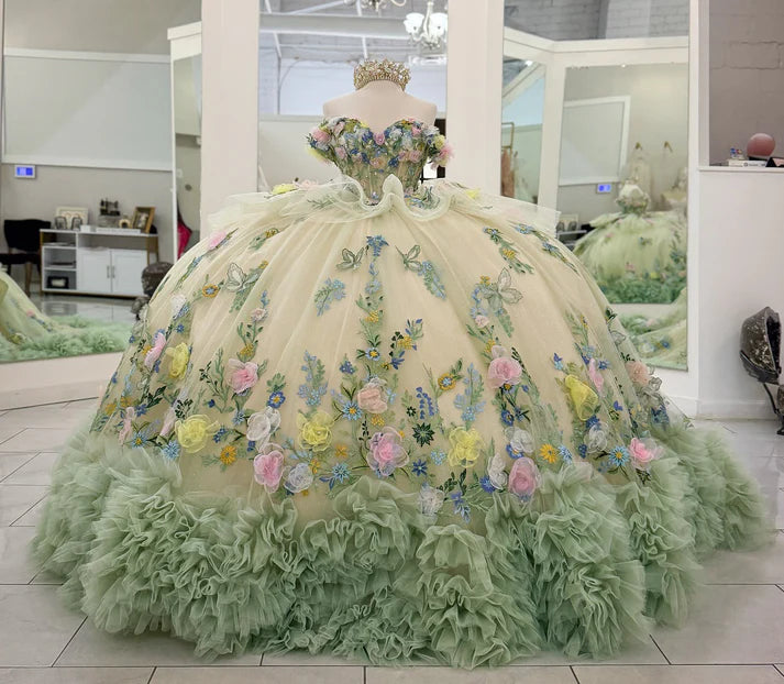 Glamorous 3D Floral & Butterfly Applique Off-Shoulder Sweetheart Quinceanera Sweet 15 Ball Gown DP7183
