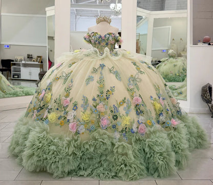 Glamorous 3D Floral & Butterfly Applique Off-Shoulder Sweetheart Quinceanera Sweet 15 Ball Gown DP7183