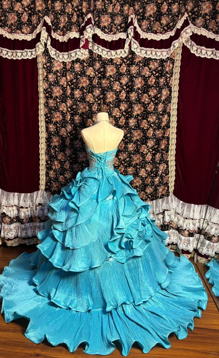 Vintage Turquoise Tiered Ruffled Ball Gown – Strapless Embroidered Organza Princess Dress for Quinceañera DP7009