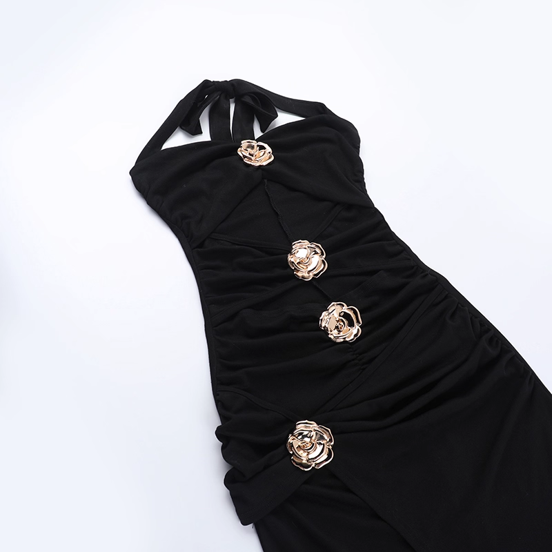 Elegant Black Halter-neck Rose Metal Button Prom Dress Sheath Evening Gown Party Dress Trailing Long Formal Dress DP6807