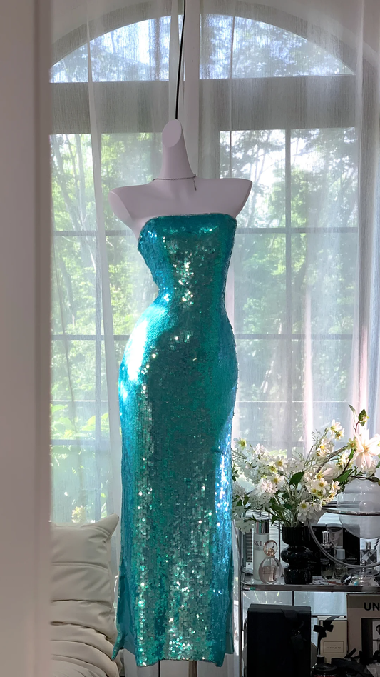 Wunderschönes glitzerndes grünes trägerloses Etui-Ballkleid Abendkleid DP6318