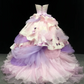 Elegant Pastel Pink & Lavender Strapless Lace Tulle Bow Details Fairycore Sweet 16 Quinceanera Ball Gown DP7276