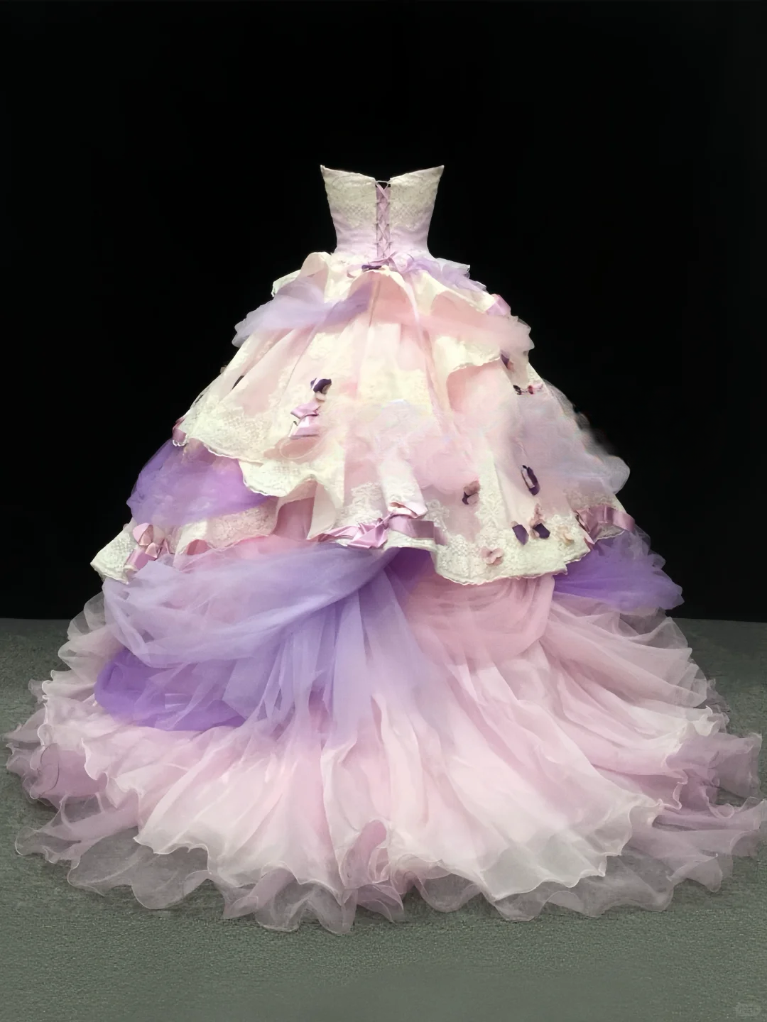 Elegant Pastel Pink & Lavender Strapless Lace Tulle Bow Details Fairycore Sweet 16 Quinceanera Ball Gown DP7276
