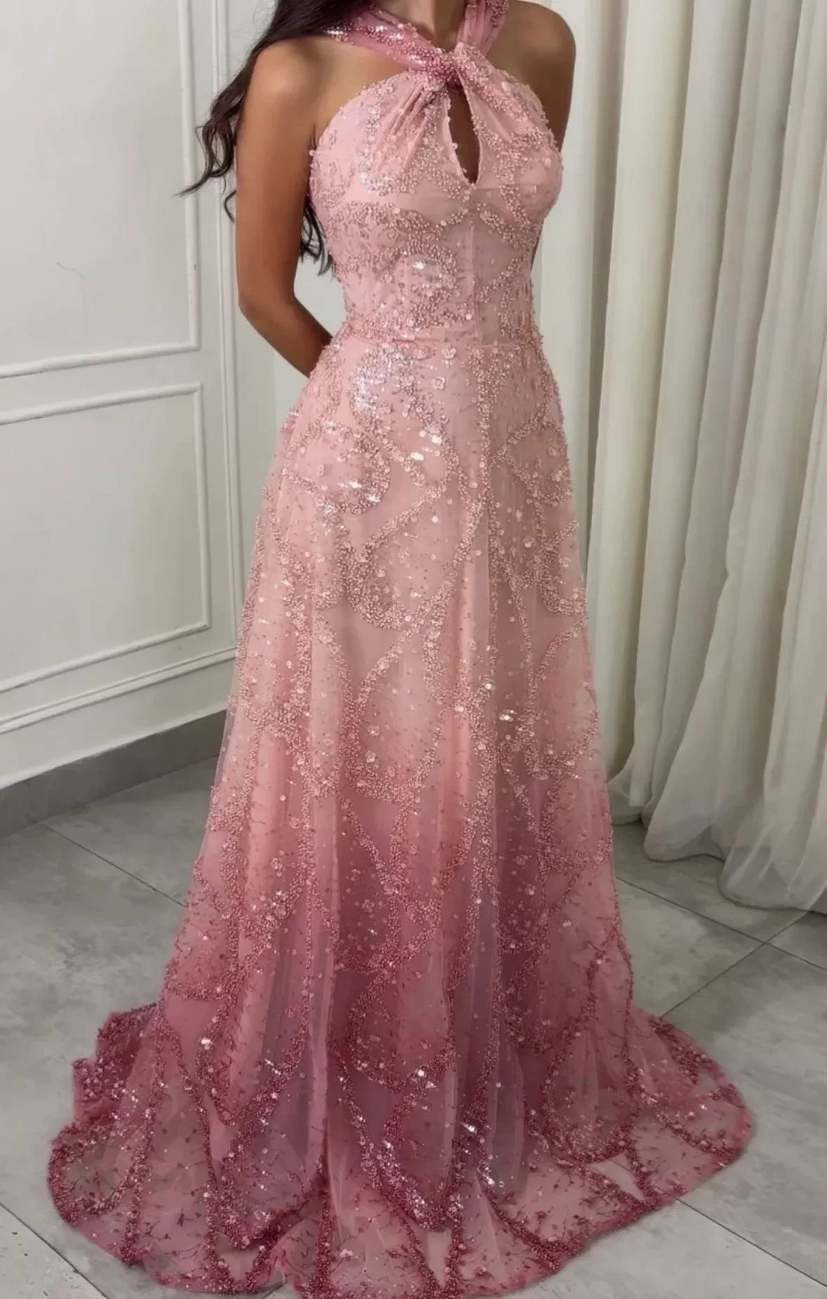 Elegant Pink Halter Neck Sequin Beaded Evening Dress DP8063