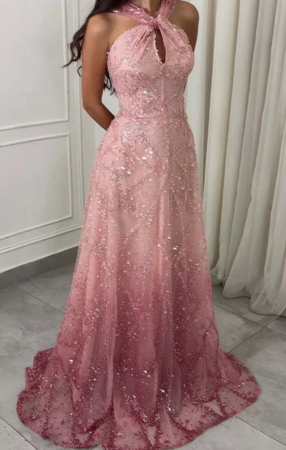 Elegant Pink Halter Neck Sequin Beaded Evening Dress DP8063