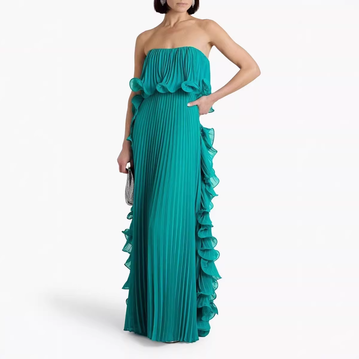 Glamorous Yellow Strapless Pleated Ruffle Evening Dress DP8095