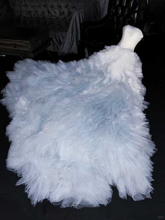 Dreamy Sky Blue Ombre Tulle Ruffle Organza Cloud-Like Sweet 16 Quinceanera Ball Gown DP7324