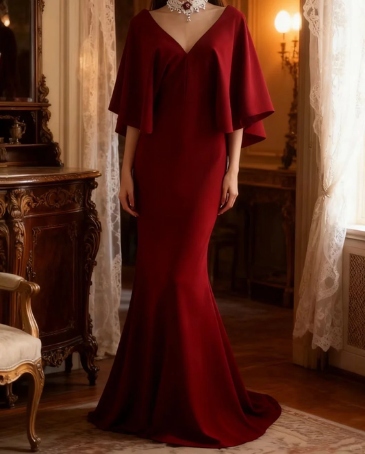 Glamorous Burgundy Mermaid Evening Gown Cape Sleeves V-Neck Formal  Prom Dress DP7661