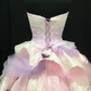 Elegant Pastel Pink & Lavender Strapless Lace Tulle Bow Details Fairycore Sweet 16 Quinceanera Ball Gown DP7276