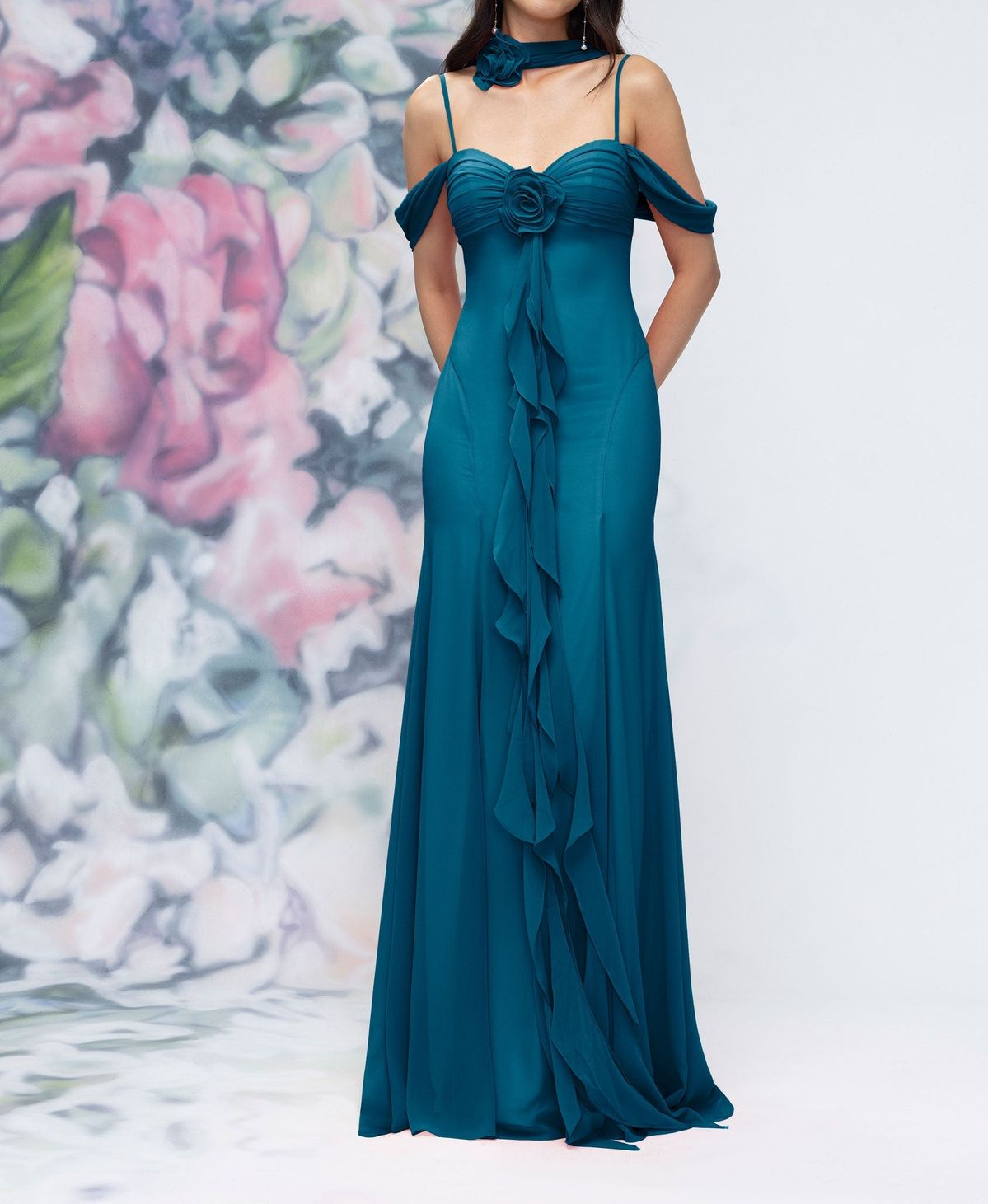 Elegant Off-the-Shoulder Spaghetti Strap 3D Floral Chiffon Neck Scarf Prom Dress DP8461