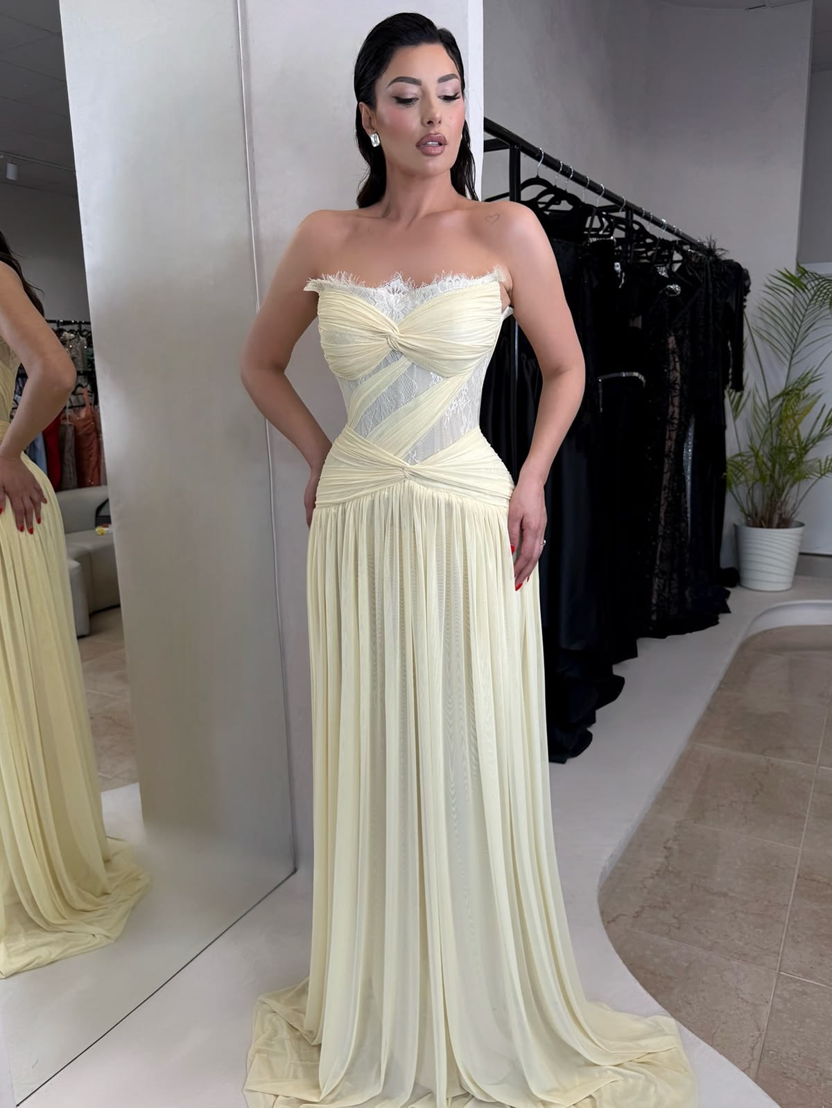 Elegant Strapless Lace Ruched Chiffon A-Line Evening Gown DP8714