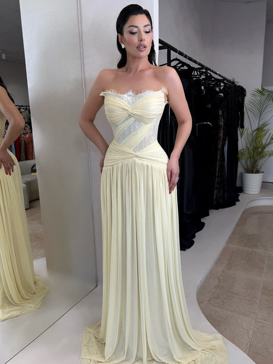 Elegant Strapless Lace Ruched Chiffon A-Line Evening Gown DP8714