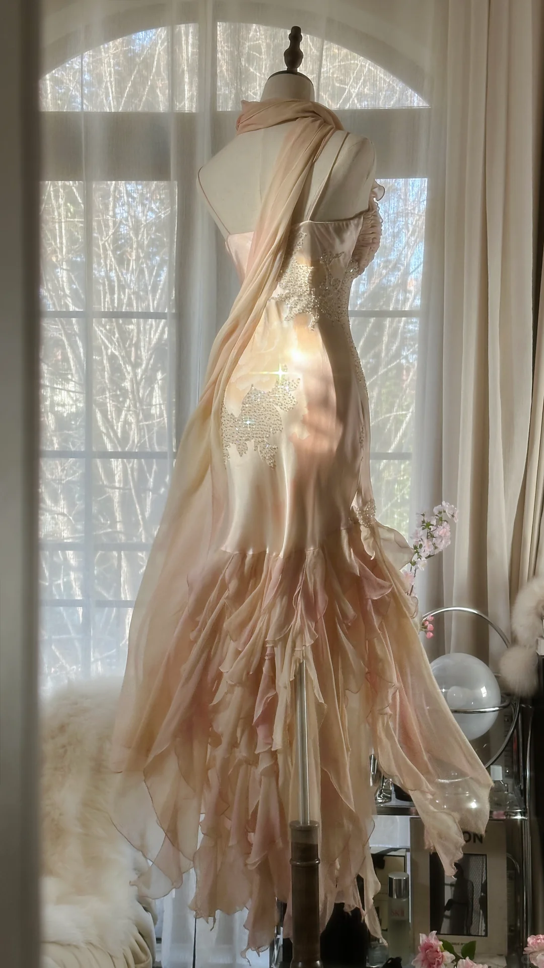 Vintage Mermaid Beaded Floral Design Romantic Chiffon Evening Dress Prom Dress DP6019