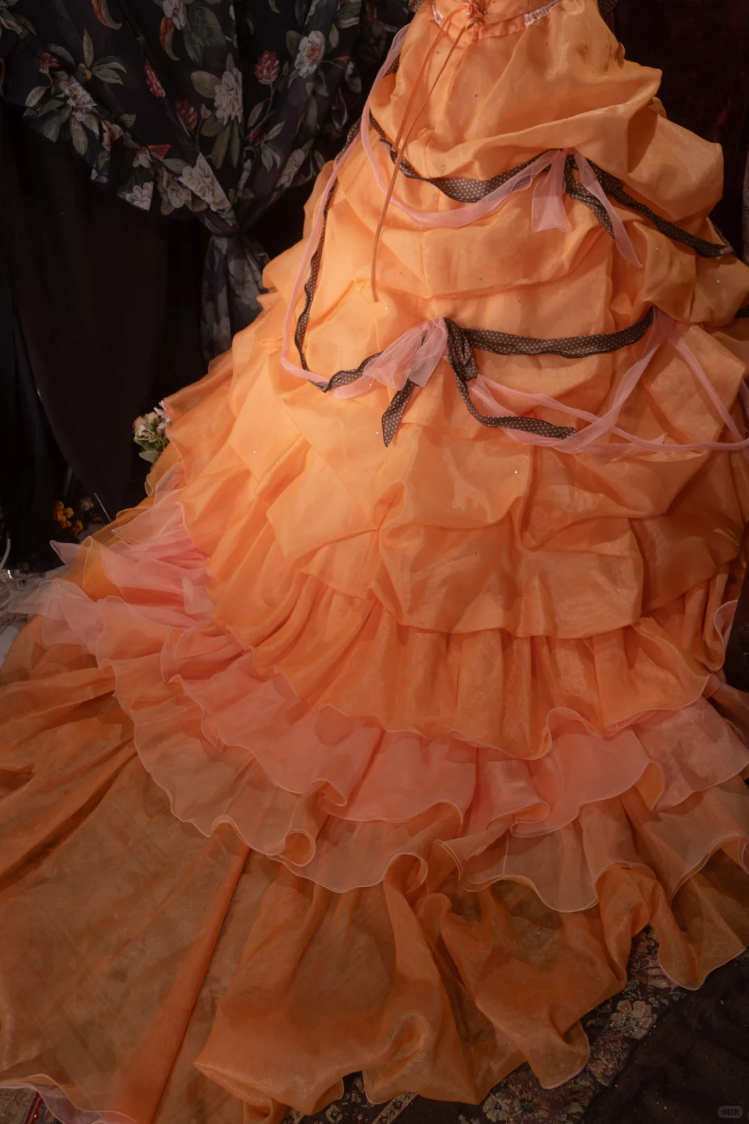 Glamorous Orange Off-the-Shoulder Beaded Ruffled Tulle Ball Gown DP8350