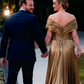 Elegant Metallic Gold Off-Shoulder Pleated Maxi Mother of the Bride Dress DP7148