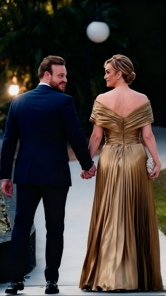 Elegant Metallic Gold Off-Shoulder Pleated Maxi Mother of the Bride Dress DP7148