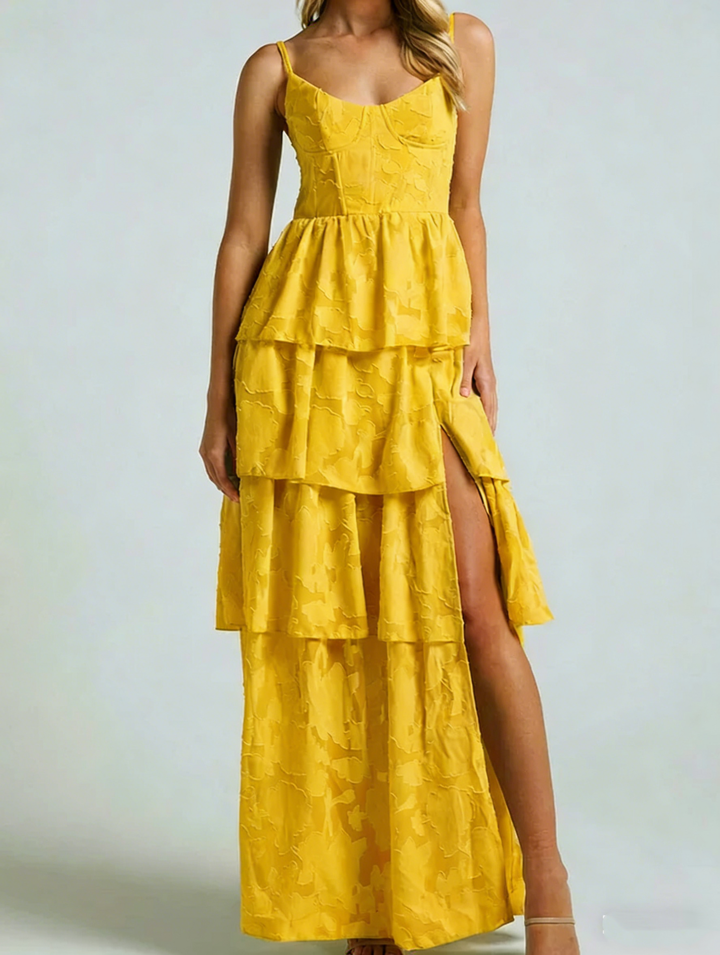 Glamorous Sage Green Jacquard Tiered Maxi Dress Slit Spaghetti Strap Formal Evening Gown DP2586
